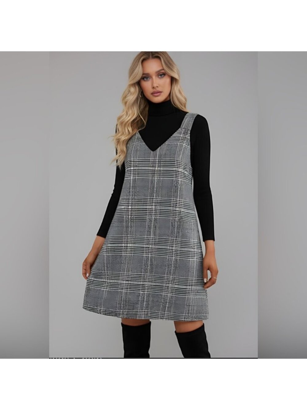 French Plaid Print Overall Dress Grey/Green